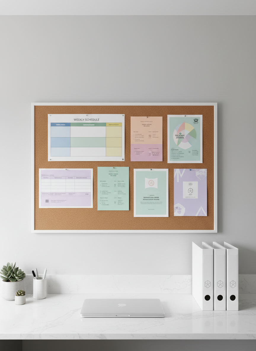 A tidy workspace featuring a well-organized cork bulletin board mounted on a smooth, pale gray wall. The board displays impeccably arranged schedules, color-coded event notices, and registration flyers—all printed on high-quality matte paper in neutral and pastel tones. Below, a quartz workstation holds a slim, closed laptop and a neatly stacked set of branded binders with understated geometric logos. Soft, diffused ceiling lighting illuminates the area evenly, minimizing shadows and enhancing calm clarity. Shot from a slightly elevated angle and composed along the rule of thirds, the image feels structured, professional, and focused, capturing the essence of operational efficiency in youth sports admin. The style is photographic, clean, and modern.