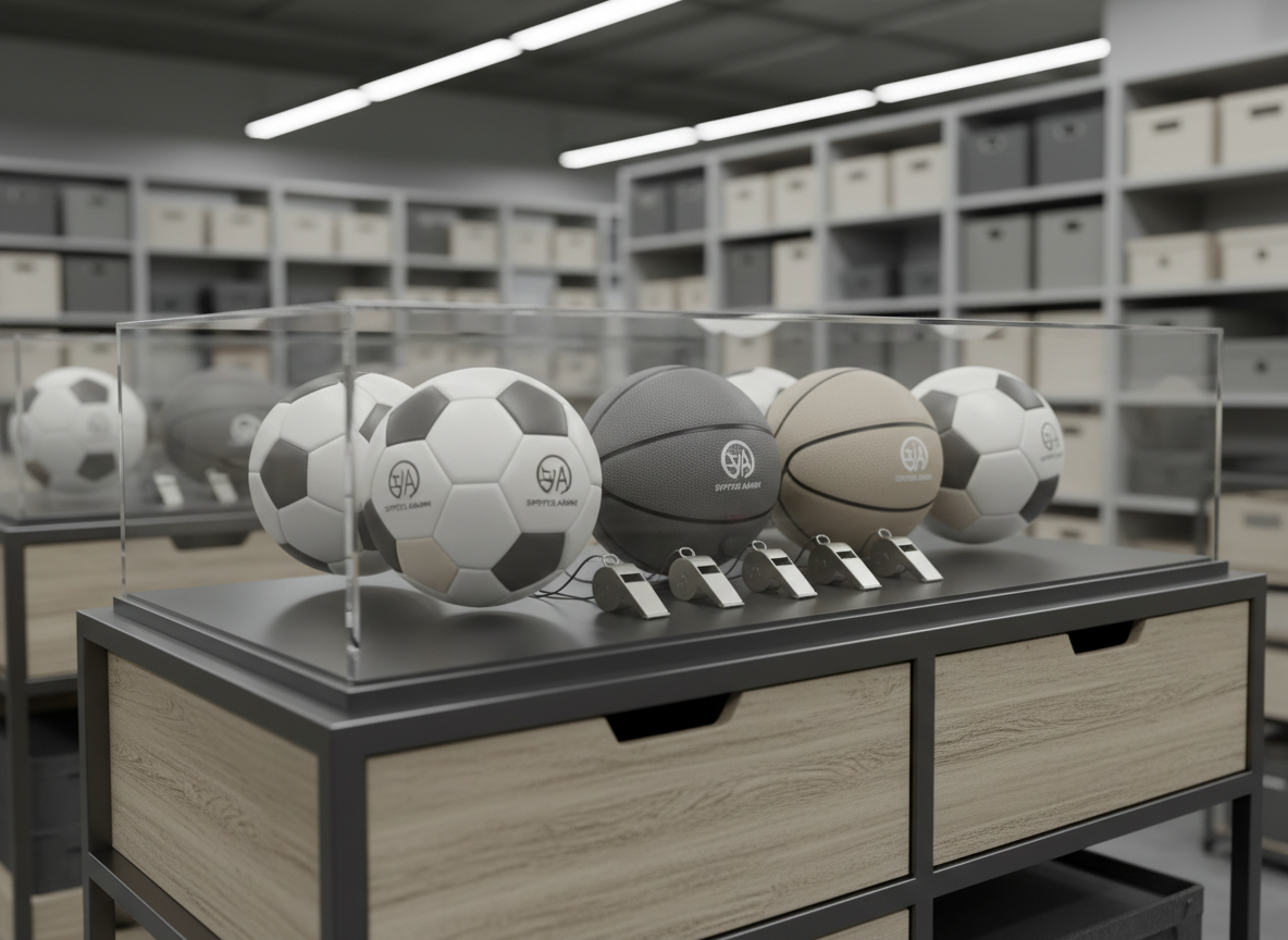 A collection of custom-branded sports equipment—such as uniformly neutral-toned soccer balls, basketballs, and whistles—arranged neatly within a transparent acrylic display case on a structured metal and wood storage unit. The background includes softly blurred, open-plan storage solutions in calming shades of gray and beige, offering a sense of organization and accessibility. Subtle, cool fluorescent lighting provides even, shadowless illumination, highlighting the textures and logos on the gear. The mood is calm, professional, and purpose-driven. Captured from a slightly elevated, three-quarter angle with sharp focus throughout, the composition uses clean lines and negative space to evoke an orderly, corporate photographic aesthetic fitting for a sports admin business.