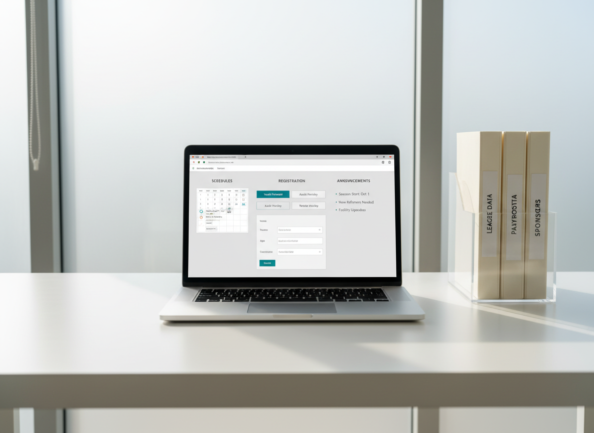 A sleek, silver laptop with a high-resolution screen displaying an organized dashboard of sports league schedules, registration forms, and announcements. The device sits on a clean, modern white desk beside a minimal acrylic organizer holding neutral-toned folders with crisp labels. Indirect daylight from a frosted glass window illuminates the space, casting gentle, soft shadows and subtle highlights on the surfaces. The mood is professional, structured, and optimized for productivity. Captured from an eye-level, frontal angle, the composition uses balanced symmetry and sharp focus throughout, emphasizing order and clarity. The visual style is photographic realism with a corporate, minimalist aesthetic, supporting the theme of streamlined sports administration.
