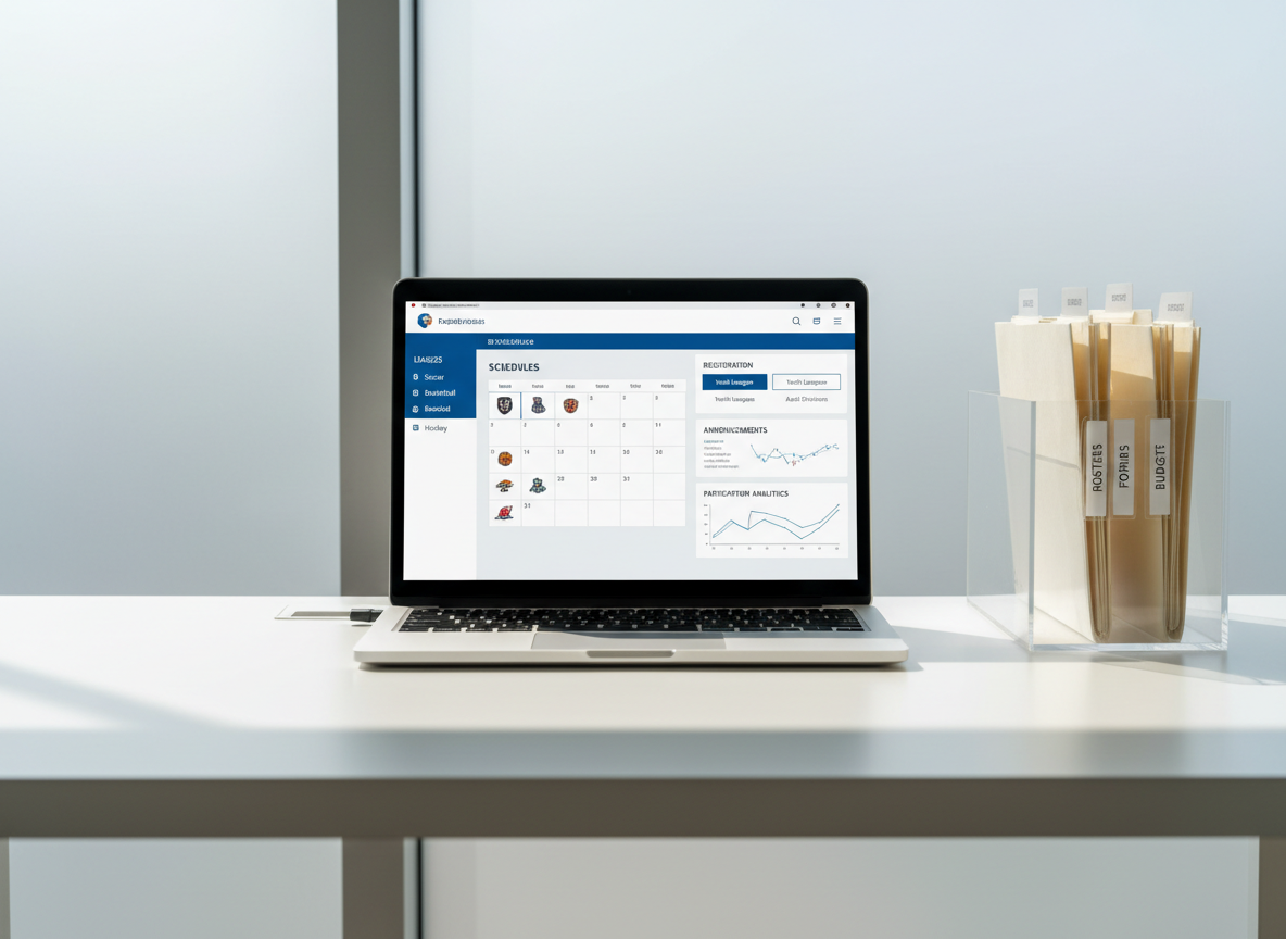A sleek, silver laptop with a high-resolution screen displaying an organized dashboard of sports league schedules, registration forms, and announcements. The device sits on a clean, modern white desk beside a minimal acrylic organizer holding neutral-toned folders with crisp labels. Indirect daylight from a frosted glass window illuminates the space, casting gentle, soft shadows and subtle highlights on the surfaces. The mood is professional, structured, and optimized for productivity. Captured from an eye-level, frontal angle, the composition uses balanced symmetry and sharp focus throughout, emphasizing order and clarity. The visual style is photographic realism with a corporate, minimalist aesthetic, supporting the theme of streamlined sports administration.