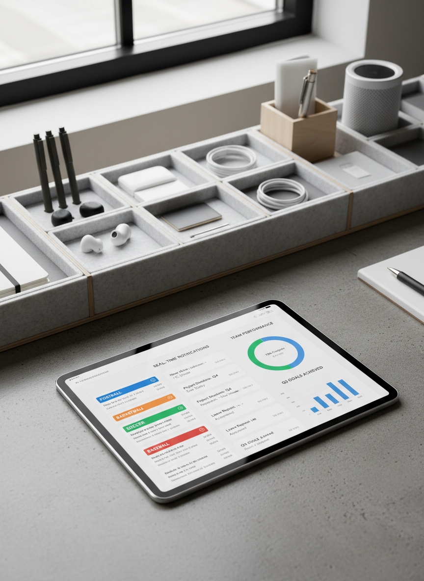A sophisticated digital tablet encased in brushed aluminum rests on a structured concrete tabletop. The screen displays a sample HR management interface featuring color-coordinated team lists, real-time notifications, and progress visuals. The backdrop features modular organizers filled with neutral-hued office supplies and technological accessories. Bright but indirect natural light pours in from a high transom, creating crisp highlights along metallic edges and illuminating the workspace without glare. The atmosphere is confident, modern, and highly organized. Photographed from a subtle overhead angle with symmetrical framing and crisp focus, the image exemplifies a clean, corporate, photographic style suitable for a forward-thinking sports administration company.