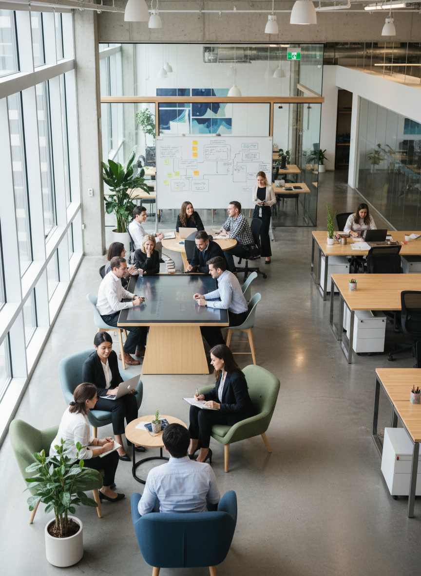 people working together in a modern office setting, collaborative environment, professional, bright lighting